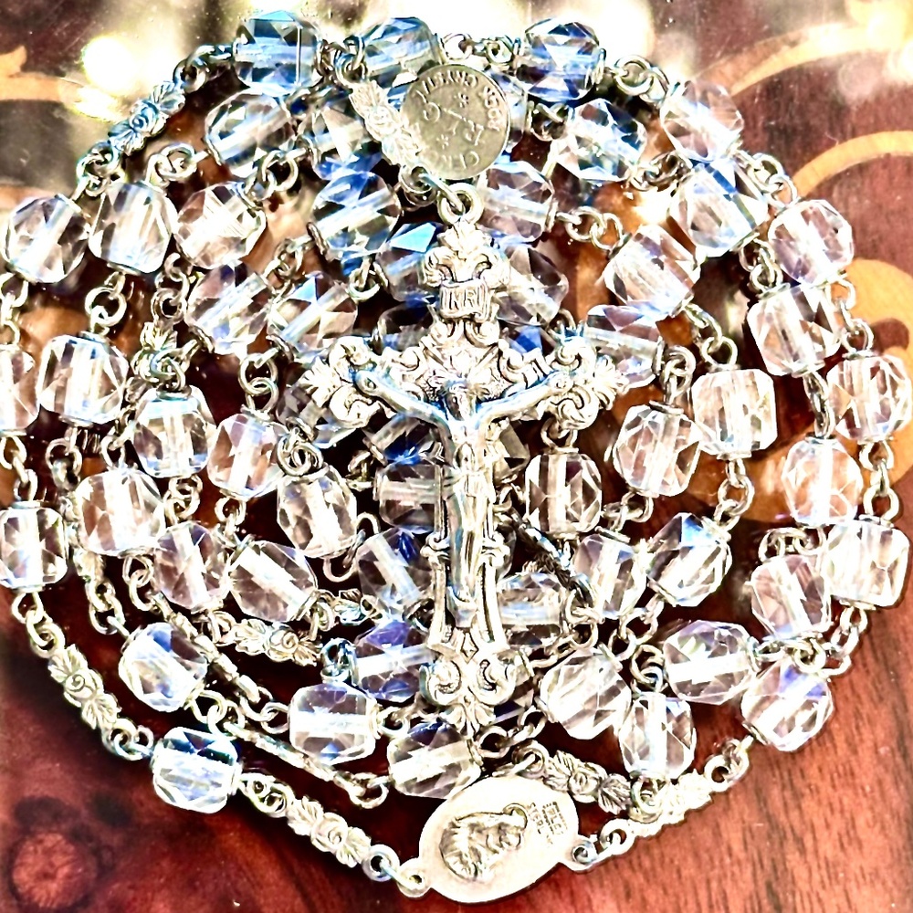 Vintage Rock Crystal & Sterling Silver Rosebud Rosary